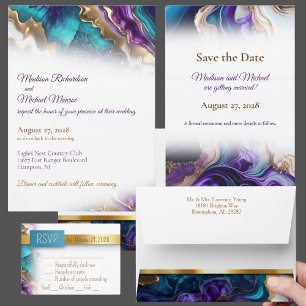 Gold Purple & Aqua Elegant Wedding Invitation