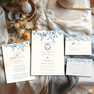 Elegant French Vintage Blue Floral Wedding RSVP Card