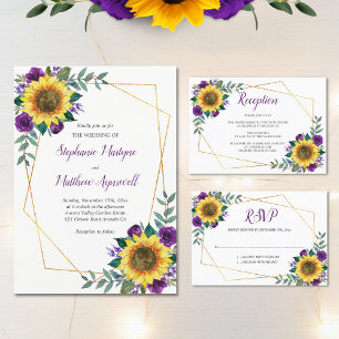 Sunflower Purple Floral Modern Geometric Wedding Invitation