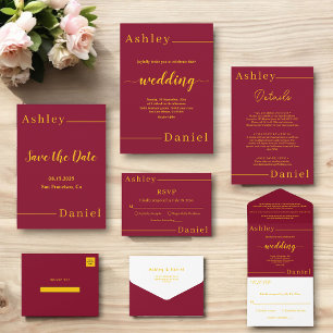 Modern Simple Burgundy And Gold Elegant Wedding All In One Invitation