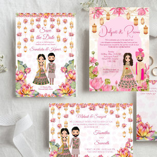 Pink Lotus cute couple caricature Indian wedding Invitation