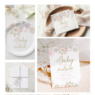 Snowflake Pink and Gold Glitter Winter Baby Shower Invitation