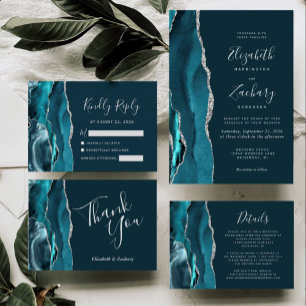Modern Dark Teal Silver Agate Wedding Invitation