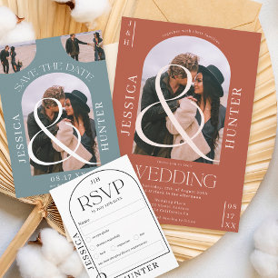Modern boho arch 4 photos wedding dusty blue save the date