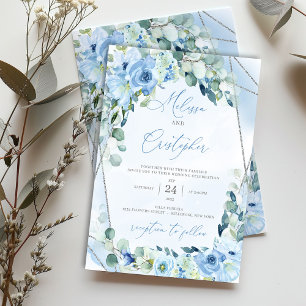 Dusty Blue Floral Silver Geometric Frame Wedding Invitation