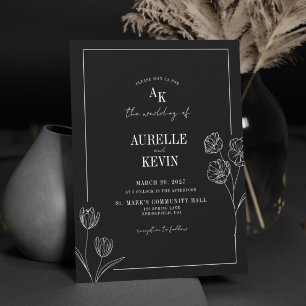 Black Flower Rustic Elegant Monogram QR Wedding  Invitation