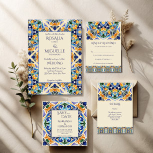 Talavera azulejo blue tile vintage Mexican wedding Invitation