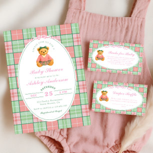 Pink Polo Teddy Bear Girl Baby Shower Invitation