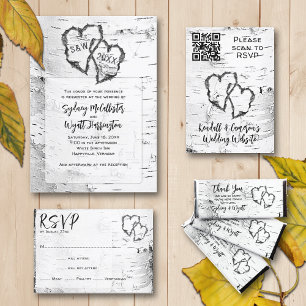 White Birch Carved Hearts Wedding RSVP Card