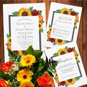 Sunset Sunflower Rose Floral Wedding Invitation