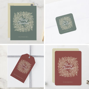 illustration leaves abeto corona of green Christma Gift Tags