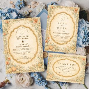 Vintage Coastal Seashell Garden Wedding Invitation