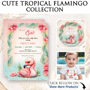 Tropical Summer Pink Flamingo Girl Baby Shower Invitation
