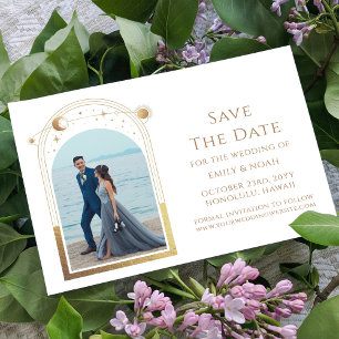 White Gold Celestial Sun Moon Stars Wedding All In One Invitation