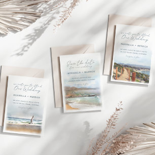 Malibu    Dolphins Beach Watercolor Wedding Invitation