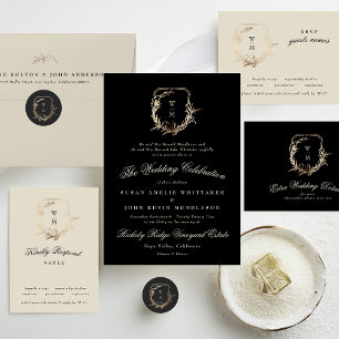 Formal Cream & Black Monogram Gold Wreath Wedding Invitation