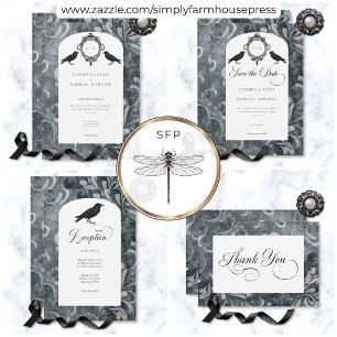 Vintage Dark Gothic Grey & Black Damask & Ravens Invitation