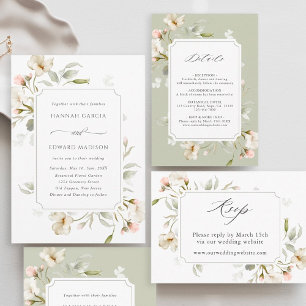 White Sage Grey Elegant Floral Wedding  Invitation