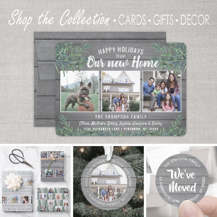 From New Home 4 Photo Christmas Greenery & Wood Holiday Card