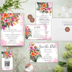 Bright Elegant Pink Orange Tropical Floral Wedding Invitation