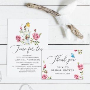 Time for tea. Elegant script floral bridal shower  Invitation