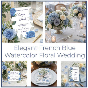 Elegant French Blue Rose Watercolor Wedding Place Card