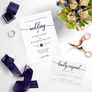 Chic Navy Blue White Calligraphy Elopement Wedding Invitation