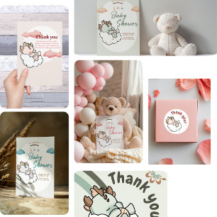 Pastel Pink Cloudy Cute Sleeping Baby Dragon  Thank You Card