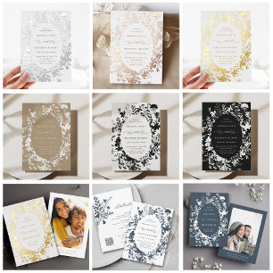White Wildflower Silhouette Wedding Black Invitation