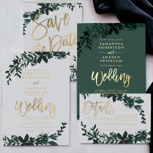 Chic gold typography Floral grey wedding Invitation