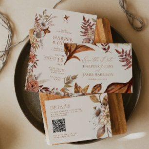 Elegant Modern Terracotta Floral Boho Fall QR Code Enclosure Card