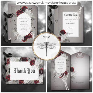Love & Bones Spooky Red Floral Wedding Save The Date