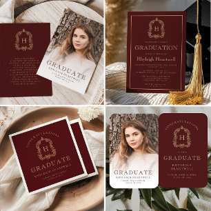 Monogram Burgundy Gold Photo Grad Announcement