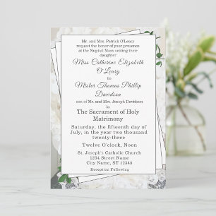White Lace and Rose Leaves Wedding Invitation