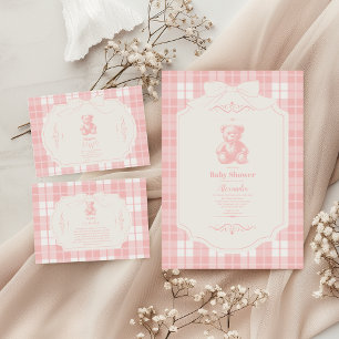 Pink Bow Gingham French Teddy Bear Baby Shower Invitation
