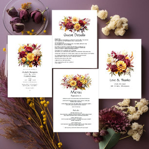 Maroon and Yellow Floral Wedding Thank You Card