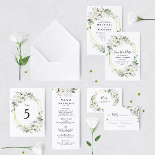 White floral gold frame wedding invitation
