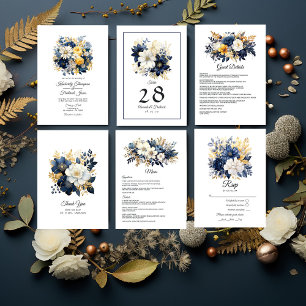 Navy, White and Gold Floral Wedding RSVP Card