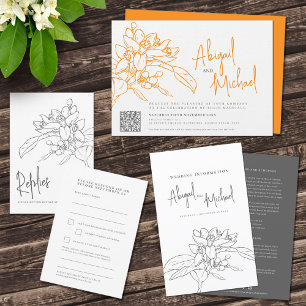 Orange blossom pencil sketch orange wedding invitation