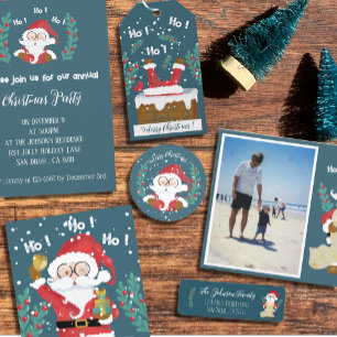 Cute Santa Claus Christmas Party Blue Invitation