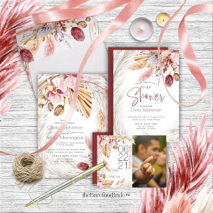 Wedding   Coastal Ivory Pampas Grass Pink Orchids  Invitation