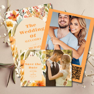 Watercolor Pink Orange Wildflowers Wedding Invitation