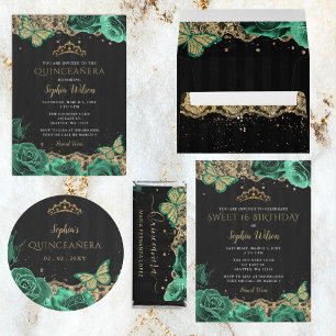 Vintage Green Roses Black Gold Lace Quinceañera Classic Round Sticker