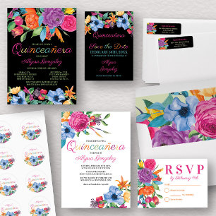 Fiesta Flowers Black Colourful Floral Quinceanera Invitation