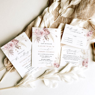 Elegant Dusty Boho and Rose Floral Wedding Invitation