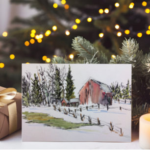 Winter Red Barn Tote Bag ink with watercolor 