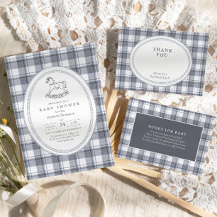 Vintage Rocking Horse Preppy Gingham Baby Shower Invitation