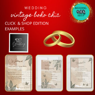 Vintage boho chic greenery wedding  monogram  all in one invitation