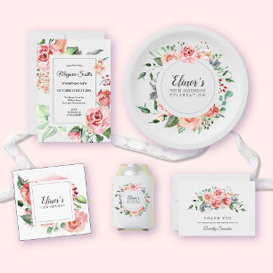 Elegant Pink Rose Floral 70th Birthday Party Invitation