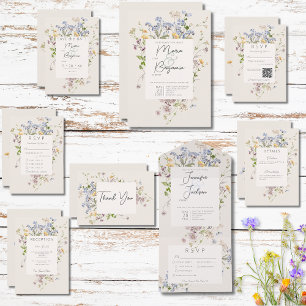 Delicate Boho Wildflowers Cream QR Code All In One Invitation